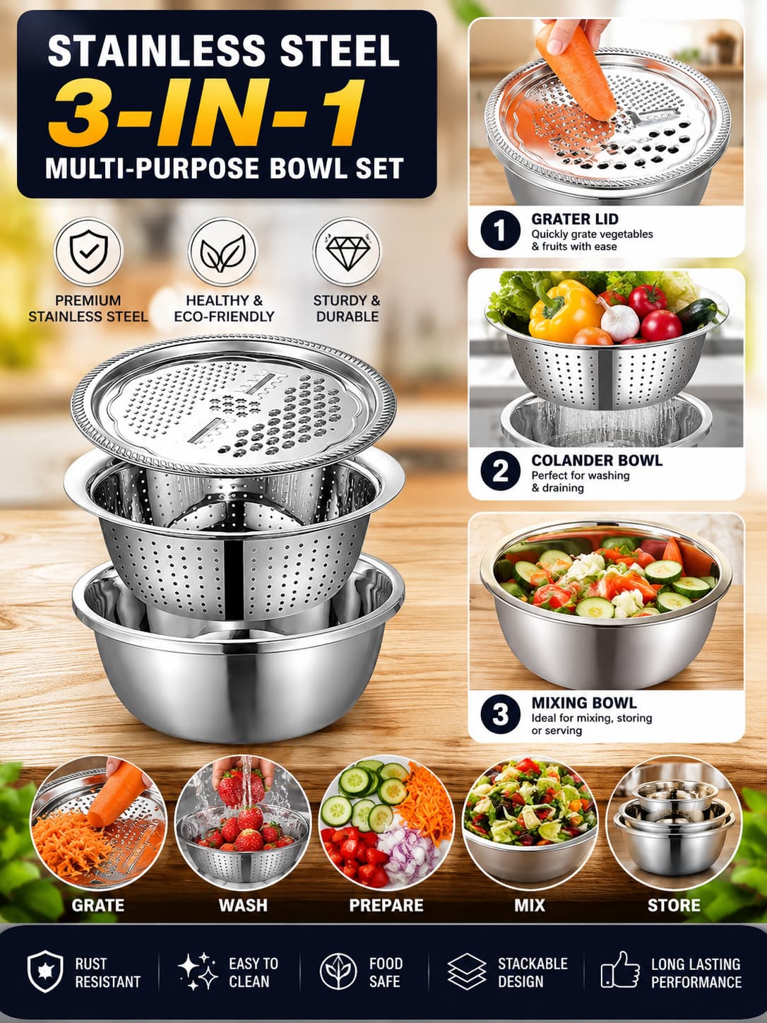 Stainless Steel Basin With Vegetable Cutter and Drain Basket