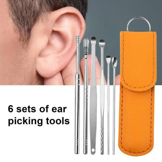 ৬ পিস কান পরিষ্কার সেট (Ear Pick Set) – স্টেইনলেস স্টিল, লেদার কেস সহ
