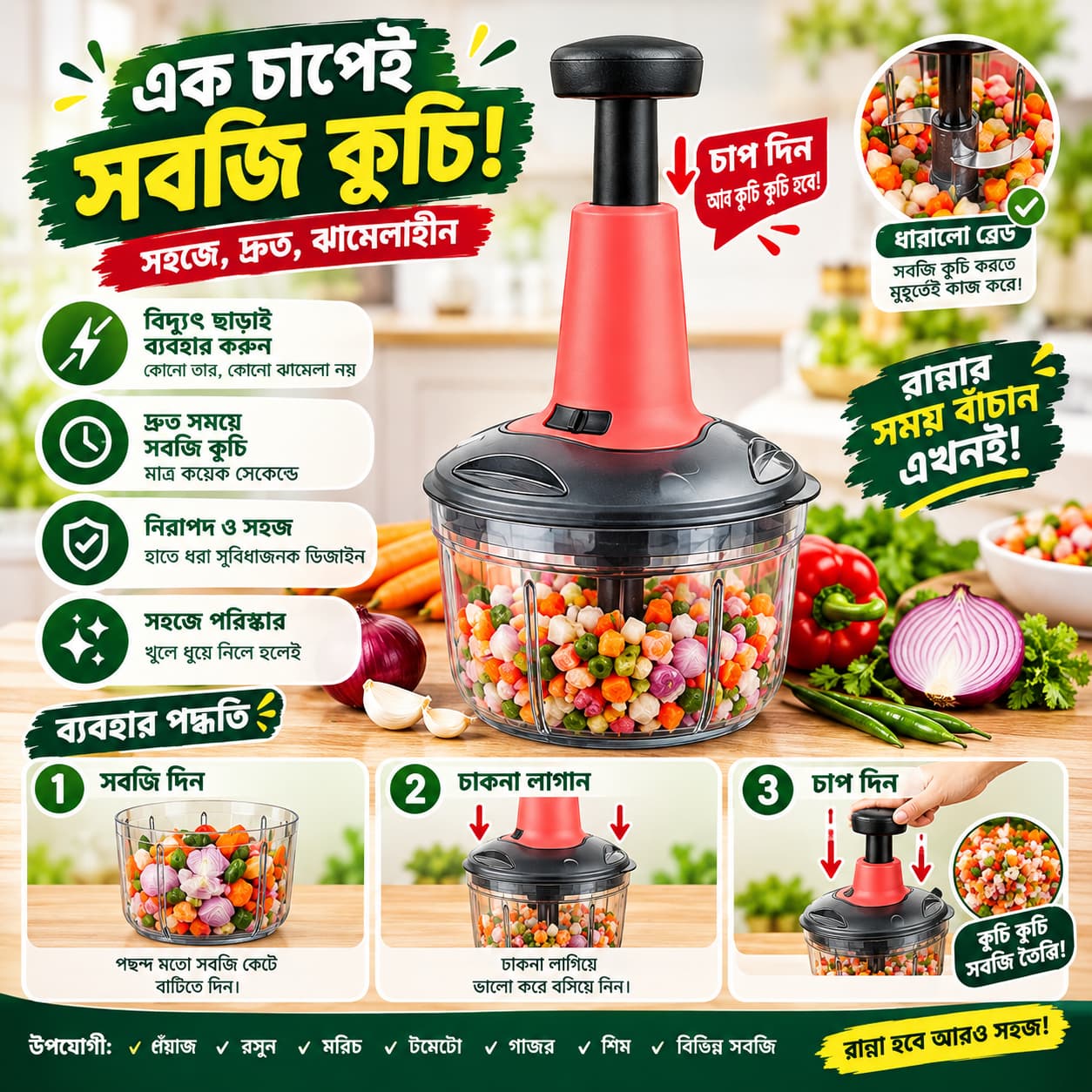 Manual Onion Chopper – বিদ্যুৎ ছাড়াই মুহূর্তে পেঁয়াজ ও রসুন কুচি